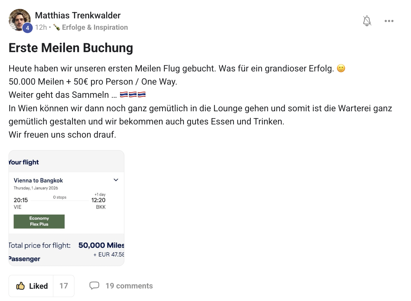Community-Mitglied Matthias – Erste Meilenbuchung Wien–Bangkok für 50.000 Meilen + 50 €