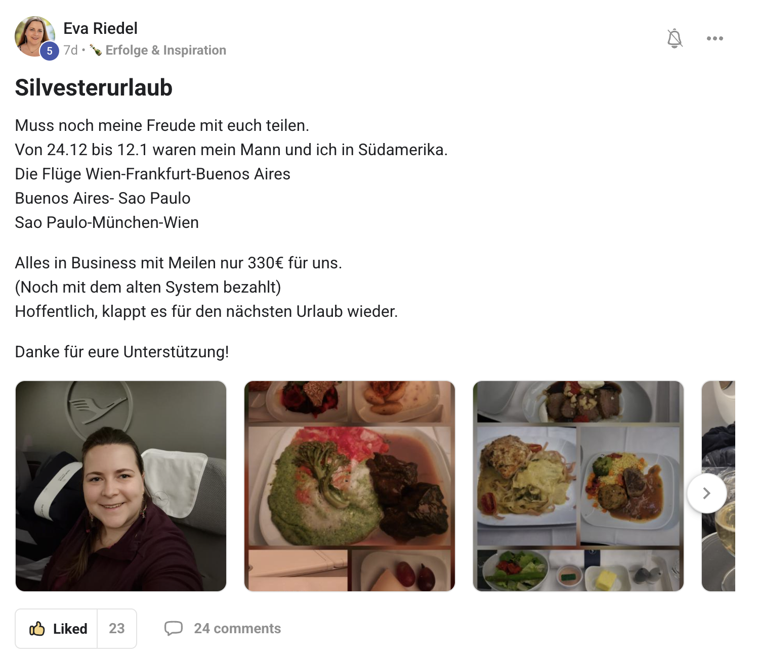 Community-Mitglied Eva – Silvester in Südamerika, alles in Business mit Meilen für 330 €