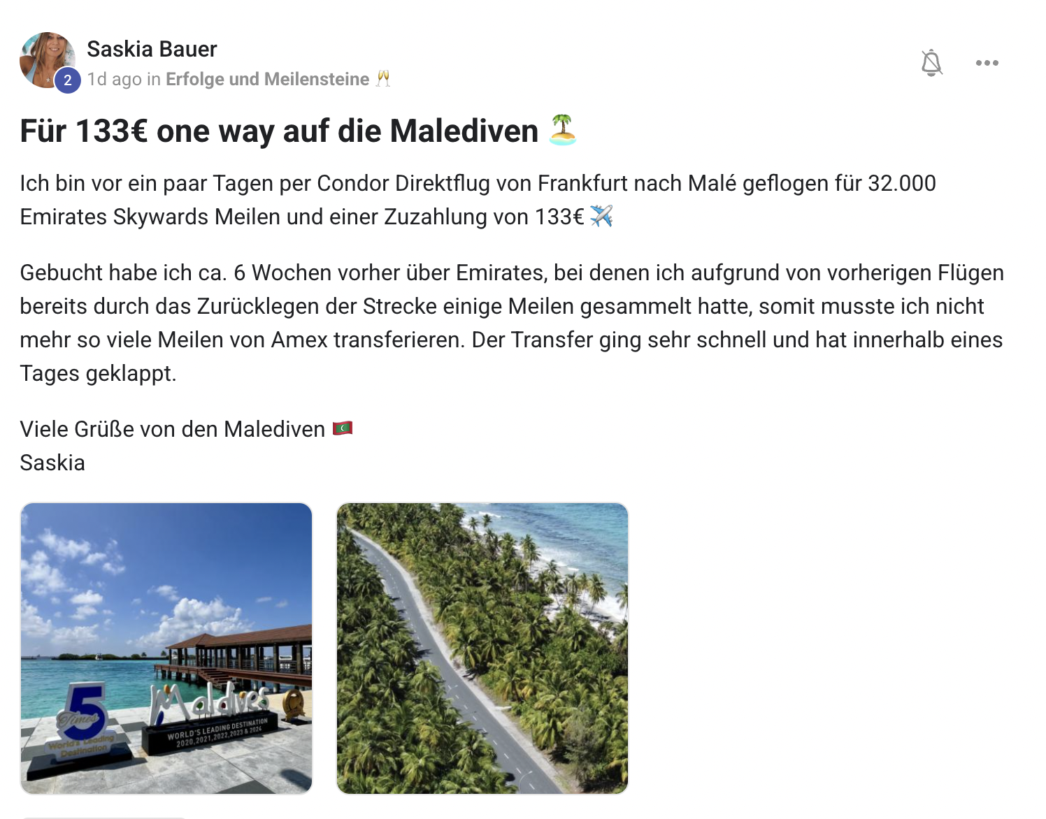 Community-Mitglied Saskia – Direktflug Frankfurt–Malé für 32.000 Meilen + 133 €
