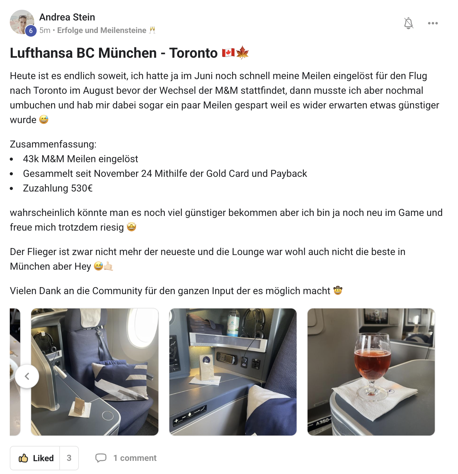 Community-Mitglied Andrea – Lufthansa Business Class München–Toronto für 43k Meilen + 530 €