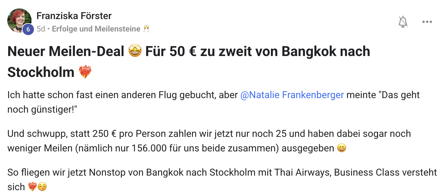 Community-Mitglied Franziska – Thai Airways Business Class Bangkok–Stockholm für 50 € zu zweit