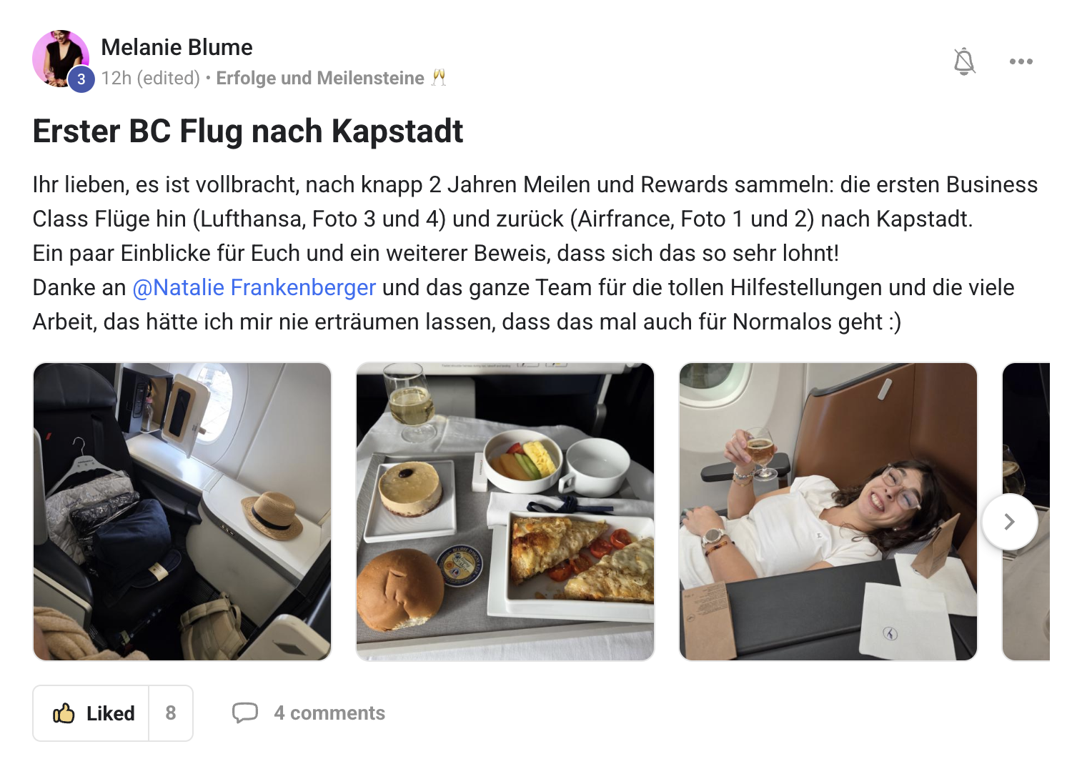 Community-Mitglied Melanie – Erste Business-Class-Flüge nach Kapstadt mit Lufthansa und Air France