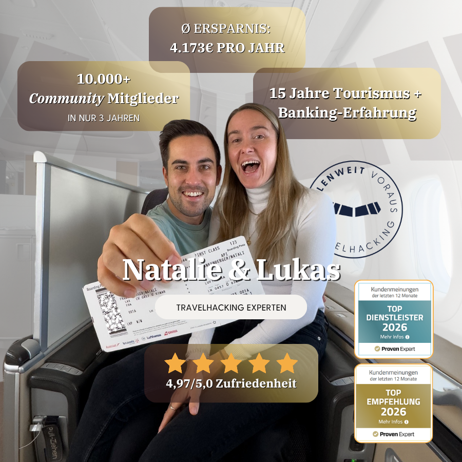 Natalie und Lukas in der Business Class mit First-Class-Bordkarten – Travelhacking-Experten von Meilenweit Voraus